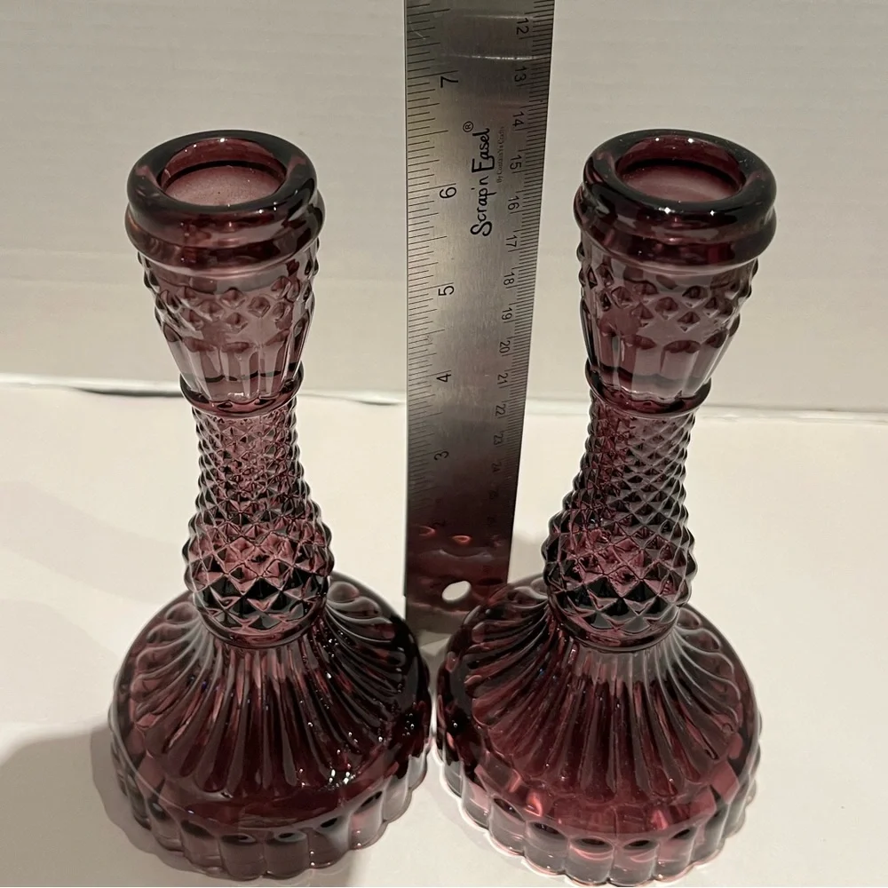 Vintage Purple / Cranberry Pressed Glass Candlesticks – Pair